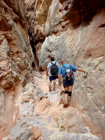 Tom and Mark leading the way.  The character of the canyon continuously changes.