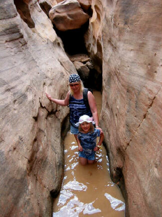 Serria and Shauna wading in Cottonwood Wash