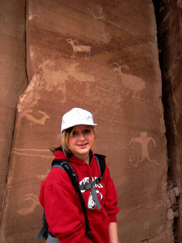Sierra with one of the first petroglyph panels along the trail.