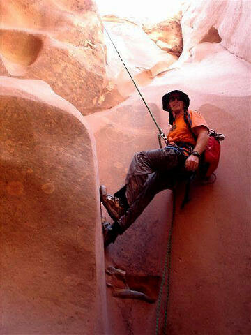 Bruce at the first rappel in NW Fork of Big Spring Canyon.