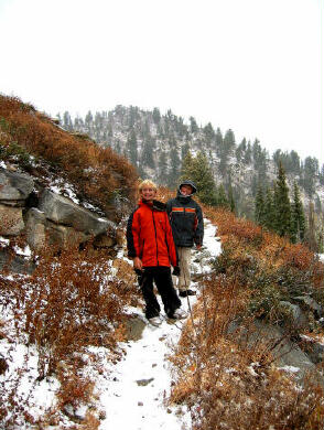 Zak and Stormy hiking along Granite Lakes Trail.