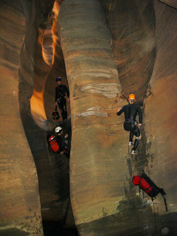 Simultaneous Rappel into Pool in Imlay Canyon.